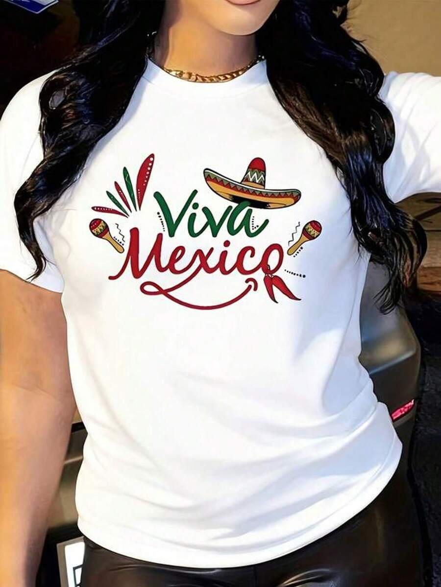 Camiseta de manga corta con cuello redondo y estampado para mujer Viva México Sombrero Maracas Cactus Bandera S-3XL moda, cómodo y transpirable unio lavable a máquina
