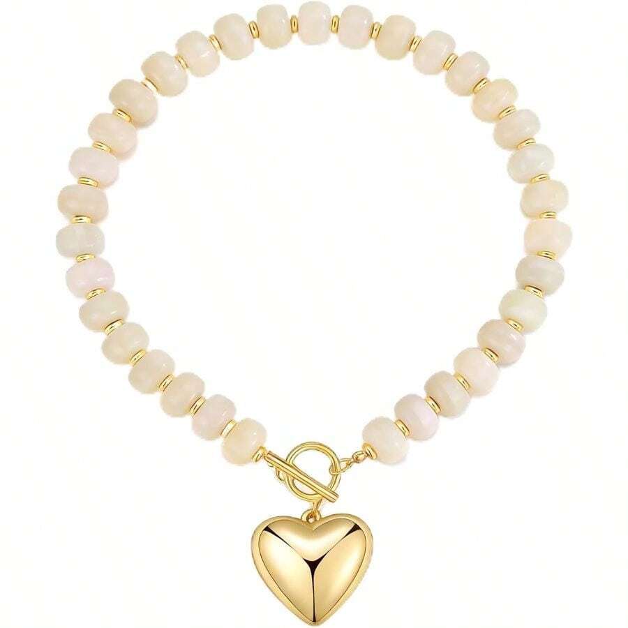 Chunky Gold Heart Necklace For Women, Resin Beaded Chain With Puff Heart Adjustable Clasp, Perfect For Daily Wear Party Date Streetwear Outfits Fashion Jewelry Gift - trắng - Xem 1