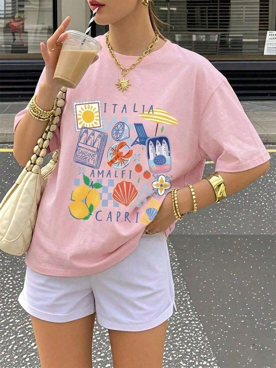 3 piezas de ropa para mujer con estética de Verano Europeo: Camiseta con estampado de limones de la isla de, Amalfi.Top de estilo vintage italiano para vacaciones.Ropa de playa y de vacaciones a.Blanco Casual|Moda Urbana Local de Primavera/Verano||Uso Casual Diario Primavera Verano Moderno Moldeador|Conjunto de verano para mujer, ropa de vacaciones|Blusas elegantes para mujer, ropa de primavera, blusas de verano. - Negro - Ver 1