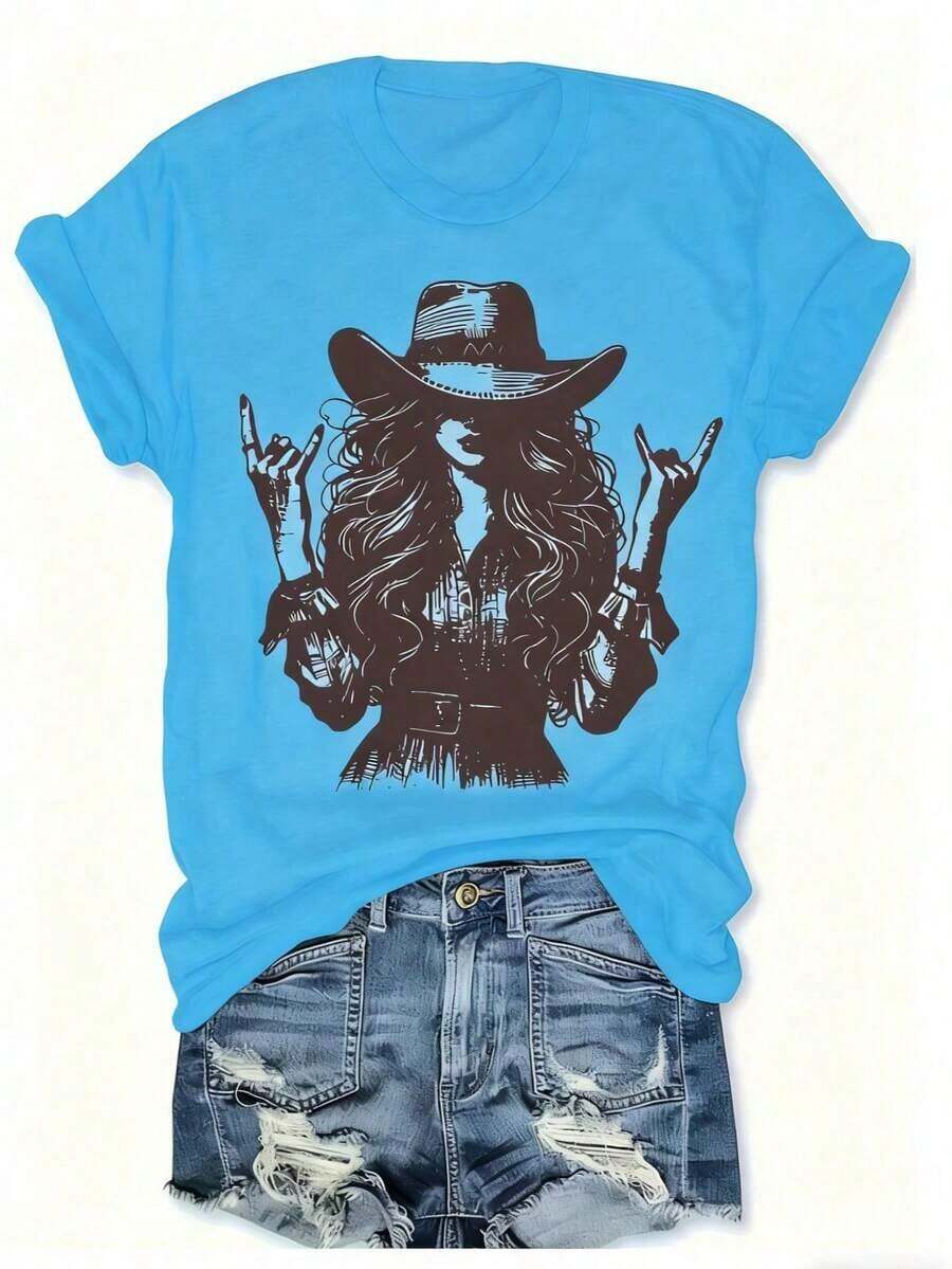 Camiseta de Mujer Económica y Asequible, Estilo Vaquero Retro, Rock, Western, con Estampado de Silueta de Vaquera, Manga Corta Casual, Cuello Redondo, Ajustada para Verano - Azul cielo - Ver 1