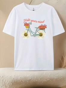 Women's Premium Fashion Short Sleeve Top | Plus Size T-Shirt With Black And White Floral Print (180g) | Regular Fit, Round Neck, Slightly Stretchy Fabric, Comfortable And Flexible, Suitable For Daily Travel Or Fitness Activities, Breathable, Soft And Casual For Summer, . - 白色 - 查看 1