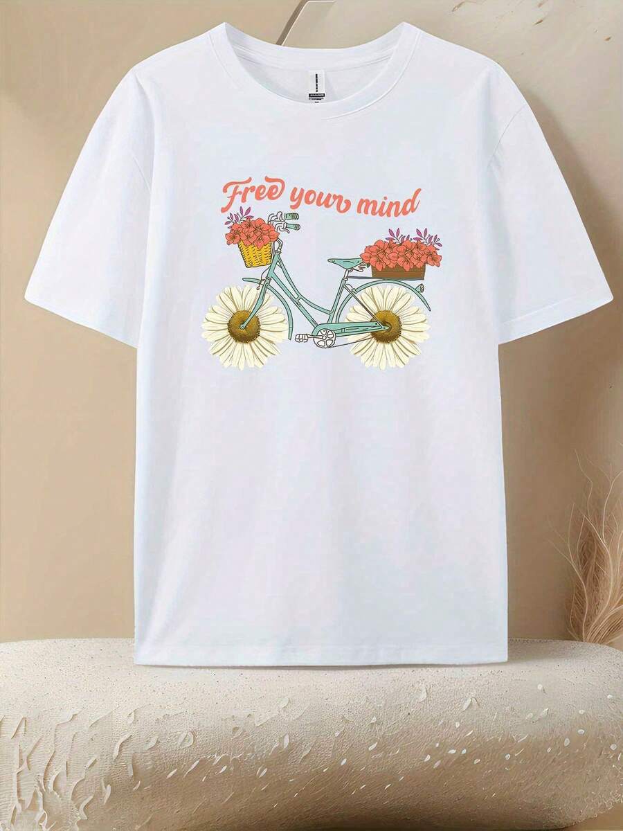Women's Premium Fashion Short Sleeve Top | Plus Size T-Shirt With Black And White Floral Print (180g) | Regular Fit, Round Neck, Slightly Stretchy Fabric, Comfortable And Flexible, Suitable For Daily Travel Or Fitness Activities, Breathable, Soft And Casual For Summer, . - 白色 - 查看 1