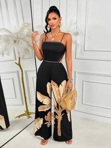 AIJ Bộ jumpsuit dài không tay dây mảnh dành cho nữ, có chi tiết xoắn ở lưng và họa tiết cây nhiệt đới, chất liệu vải dệt, thích hợp cho những dịp trang trọng. - màu đen - Xem 6