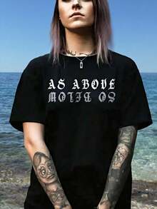Crew Neck, Dropped Shoulders T-Shirt With Circular Print Of Leisure And Address Letters - Black - View 1