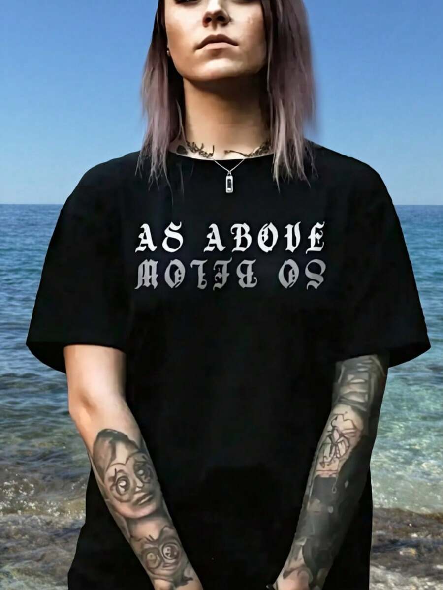 Crew Neck, Dropped Shoulders T-Shirt With Circular Print Of Leisure And Address Letters - Black - View 1