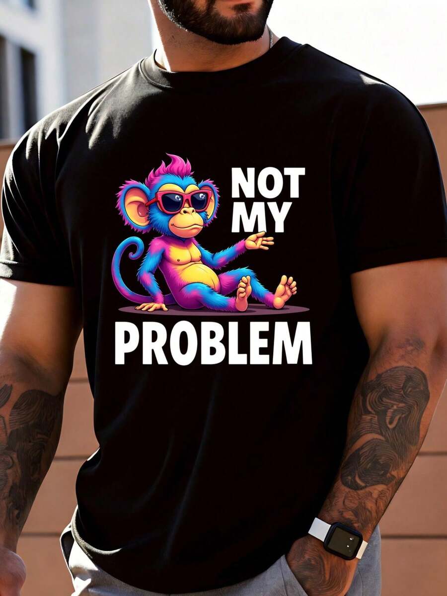 Men's Fashion Casual T-Shirt With Colorful Monkey Print, Sunglasses, And The Phrase "Not My Problem", Summer Casual Wear, Gift For Friends And Family - 黑色 - 查看 1