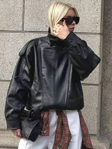 Jaket Kulit Longgar Wanita Musim Gugur/Musim Dingin, Jaket Motor Jalanan Modis, Warna Polos dengan Kantong Resleting Hitam, Tampilan Vintage Musim Gugur - Hitam - View 3
