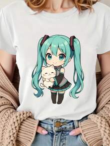 Short Sleeve T-Shirt With Anime Cat Print, Recommended Style, Breathable Round Neck, Fashionable Sports T-Shirt, Casual Top For Women - 黑色 - 查看 9