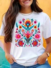 Camiseta Casual de Mujer para Uso Diario, Deportiva, de Manga Corta, con Estampado Floral Vibrante de Arte Popular, Adecuada para Vacaciones. Camiseta de Algodón, Regalo Ideal. - Blanco - Ver 7