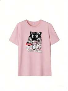 Black And White Tiger Head T-Shirt With "BONUS" Text.  Short-Sleeved T-Shirt For Spring And Summer 2026, Made In Mexico, 180 Grams. Cartoon Print, Couple Design, Suitable For Indoor Or Outdoor Wear. Crew Neck, Unisex, Ideal For Office And Leisure. One-Pack. - PK-P631577SLNDXZGY647 - 查看 2