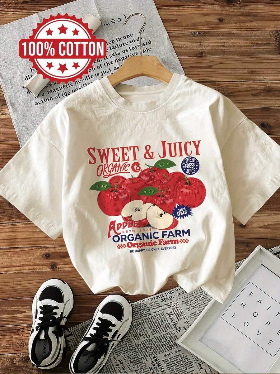 Texto de manzana estilo vintage SWEET & JUICY ORGANIC Apple ESTD. Camisetas de algodón de manga corta y cuello redondo para mujer, estampadas con motivos de 1975. - Albaricoque - Ver 1