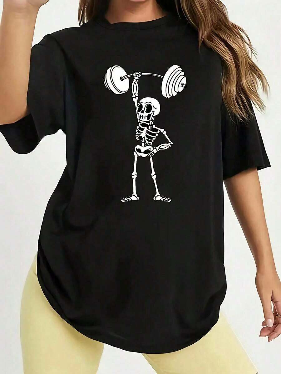 Women's Skeleton Print Gym T-Shirt - "GYM" - Fun Dumbbell And Bone Design T-Shirt, Casual Short Sleeve Crew Neck Style For Spring/Summer, Gym Wear - Unisex Vintage Urban Style Loose Fit Cotton Short Sleeve Crew Neck T-Shirt - 黑色 - 查看 1