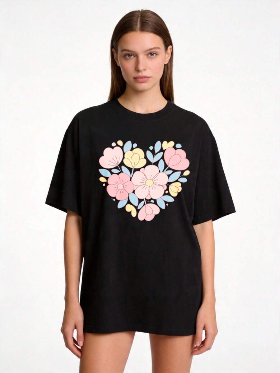 Women's Basic Round Neck T-Shirt With Floral Print, Sizes S-2XL, 100% Solid Color, Available In Black And White, Suitable For Casual Wear In Spring And Summer, Family And Couple Outfits, A Perfect Gift For Mother's Day, Relatives And Close Friends, . - 黑色 - 查看 1