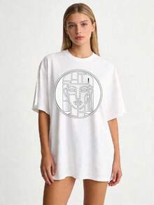 Women's Basic Crew Neck T-Shirt With An Abstract Face Design, Sizes S-2XL, 100% Black And White, Family And Couple's Clothing, Perfect For Spring And Summer, A Great Gift For Mom, A Family Gift For Mother's Day, Or A Gift For A Best Friend. . - 白色 - 查看 8