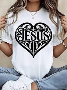 T-Shirt With Jesus Christ Cross Print, Casual Wear For Daily Use And Sports Activities, 100% Cotton, Women's T-Shirt - 白色 - 查看 7