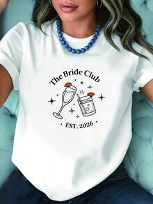 Camiseta Estampada para Mujer - Camiseta Casual de Manga Corta y Cuello Redondo con Gráfico Bride Club EST. 2026. Con un Corte Relajado para Todas las Estaciones, Perfecta para el Uso Diario y Atuendos de Celebración (Lavable aáquina). - Blanco - Ver 7