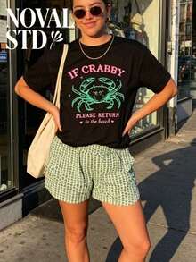 1 Piece Of Women's Short-Sleeved T-Shirt With "Don't Be Crabby" Print, Casual Street And Vacation Style, Loose Fit, Multifunctional, White, Round Neck, Fashionable T-Shirt For Everyday Wear, Suitable For Daily Use. 180g 100% Cotton. - 黑色 2 - 查看 1