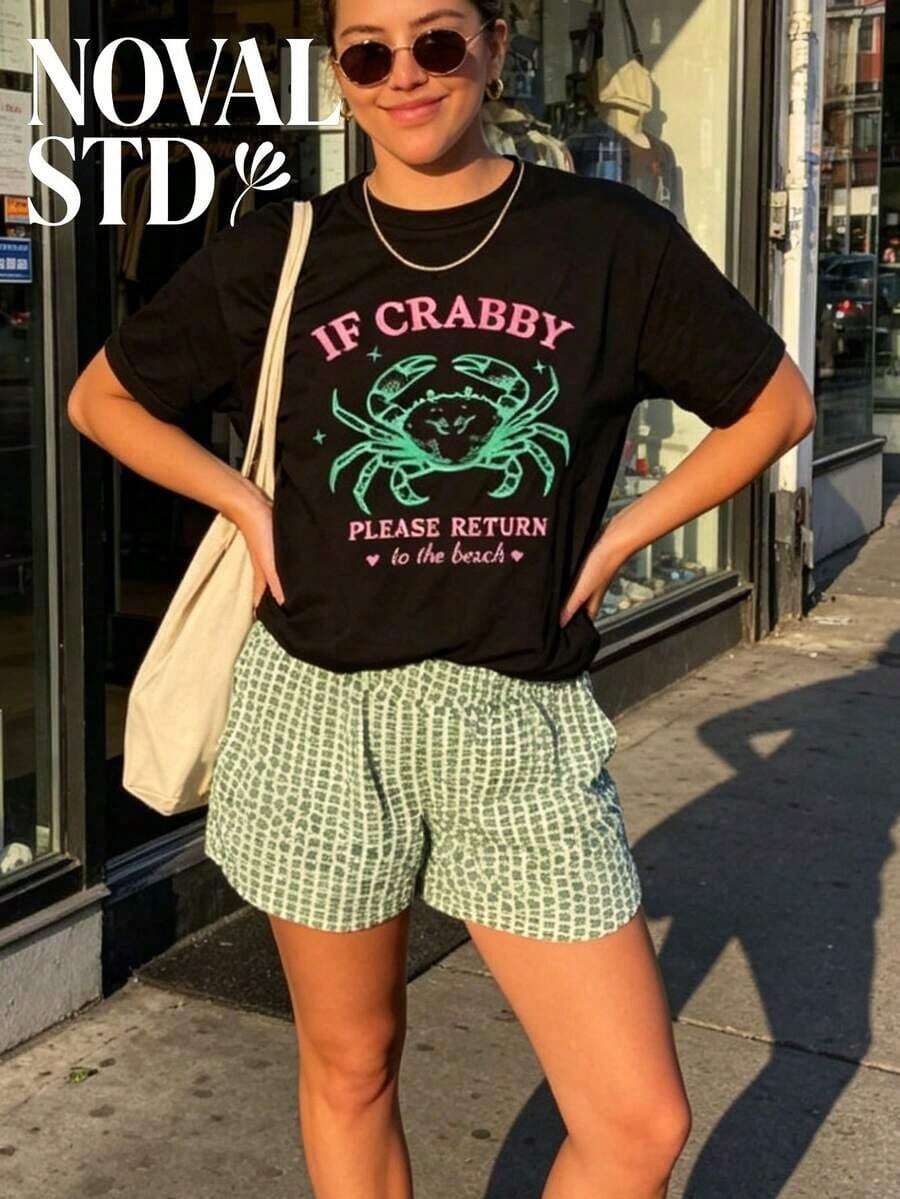 1 Piece Of Women's Short-Sleeved T-Shirt With "Don't Be Crabby" Print, Casual Street And Vacation Style, Loose Fit, Multifunctional, White, Round Neck, Fashionable T-Shirt For Everyday Wear, Suitable For Daily Use. 180g 100% Cotton. - 黑色 2 - 查看 1