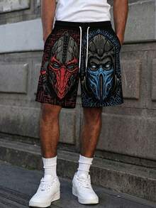 Celana Pendek Streetwear Kasual Pria Ukuran Besar Motif Masker Merah & Biru dengan Tali Serut di Pinggang - MultiWarna - View 8