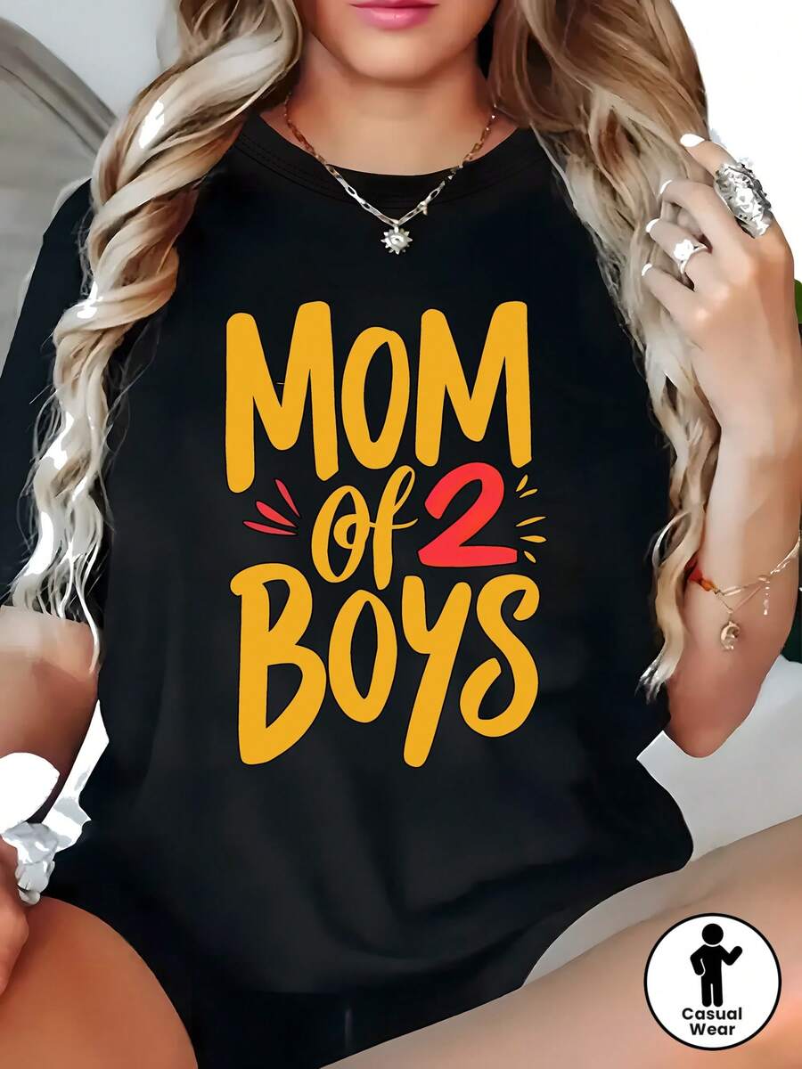 Women's Casual Short-Sleeve Crew Neck T-Shirt With A "Mom Of 2" Graphic Print In Yellow And Red. Soft, Stretchy, And Blended. Machine-Washable Crew Neck Top, Perfect For Spring And Summer. Lightweight Short-Sleeve T-Shirt For Summer Fashion. - 黑色 - 查看 1