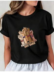 Women's Casual Sports T-Shirt - Black Stretch Crew Neck T-Shirt With Cartoon Graphic, Rolled Cuffs, And Inspirational Text. Machine Washable, Comfortable Fit, And Perfect For All Seasons, For A Modern And Stylish Look. - 黑色 - 查看 1
