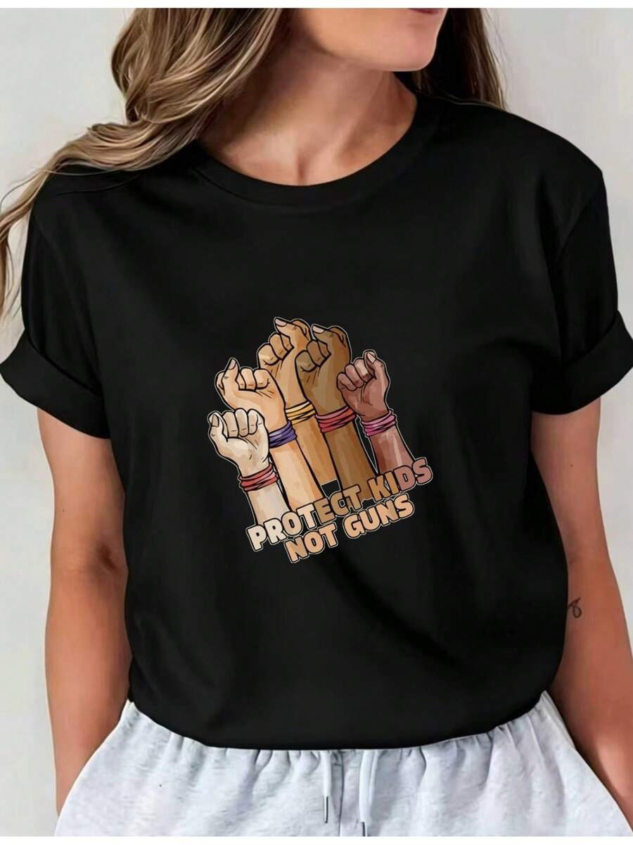 Women's Casual Sports T-Shirt - Black Stretch Crew Neck T-Shirt With Cartoon Graphic, Rolled Cuffs, And Inspirational Text. Machine Washable, Comfortable Fit, And Perfect For All Seasons, For A Modern And Stylish Look. - 黑色 - 查看 1