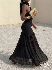 Women's Brown Halter Maxi Dress | Metal Buckle Ruched Waist Ruffle Hem Party Dress - Black - View 3