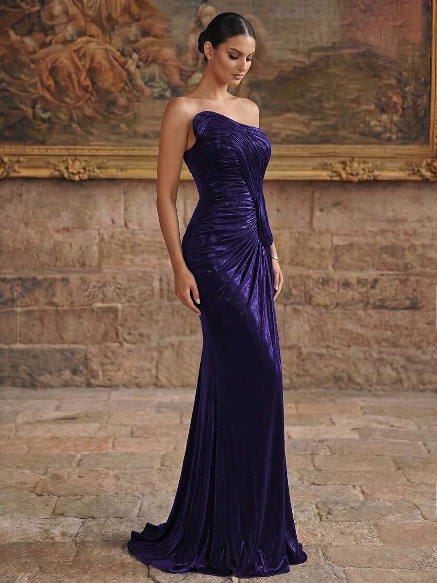 Smilprince Deep Purple Strapless Asymmetrical Ruched Mermaid Evening Gown, Autumn/Winter Vintage High-End Vibe Fall Wedding Party - Royal Blue - View 1