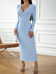New Women's Autumn Dress, Sexy, V-Neck, Long Sleeve, Fitted Bodycon Cut, Elegant And Flattering Design, Perfect For Dates, Daytime Looks And Casual Occasions - 藍色 - 查看 8