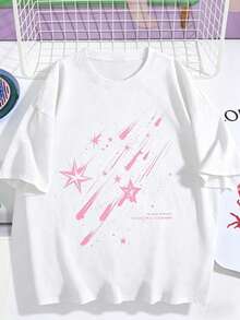 Women's Casual Loose Fit T-Shirt With Pink Star And Meteor Print, Breathable And Comfortable, Short Sleeve, Round Neck, With Inspirational Phrase "A Calm Mind", Soft Cotton, Perfect For Everyday Wear And Urban Flirty Style - 白色 - 查看 2