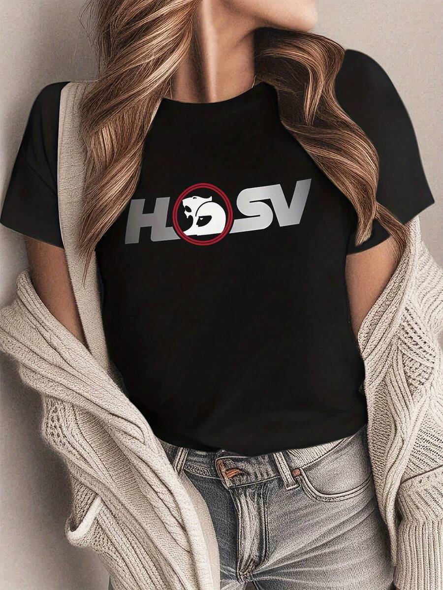 Minimalist Women's T-Shirts With HSV Lettering And Patterns, Creative Short-Sleeved Women's T-Shirt - Casual Crew Neck Clothing For All Four Seasons, Breathable, For Summer, Spring And Autumn, Sizes S-XXL Available. Casual Blouses For Women. - 黑色 - 查看 1