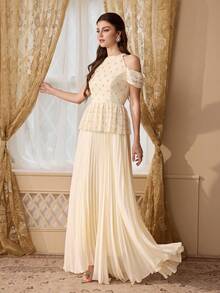 Gaun Wanita Kerah Tegak Bahu Terbuka Payet Bordir Renda Patchwork Belakang Tali Serut Hem Berlipit Romantis Elegan Glamor - Aprikot - View 4