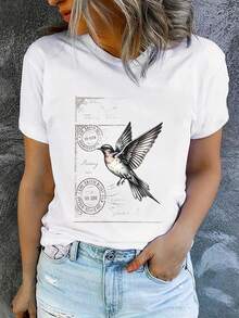 Women's Printed Short-Sleeved T-Shirt With A Round Neck, Modern And Casual, Machine Washable, Comfortable Fit. Casual Blouses For Women. - 白色_05 - 查看 7