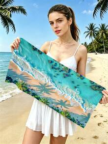 250gsm Super Absorbent Quick Dry Microfiber Beach Towel With Sunny Coconut Tree Pattern, Suitable For Beach, Pool, Yoga Mat, Sunscreen Shawl, Summer Travel, Camping, Swimming, Picnic - Cadet Blue - View 10