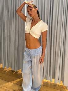 Women's White Cropped Knit Top, Deep V-Neck Design With Ruffle Trim, Short Sleeve, Casual & Fashionable - White - View 5