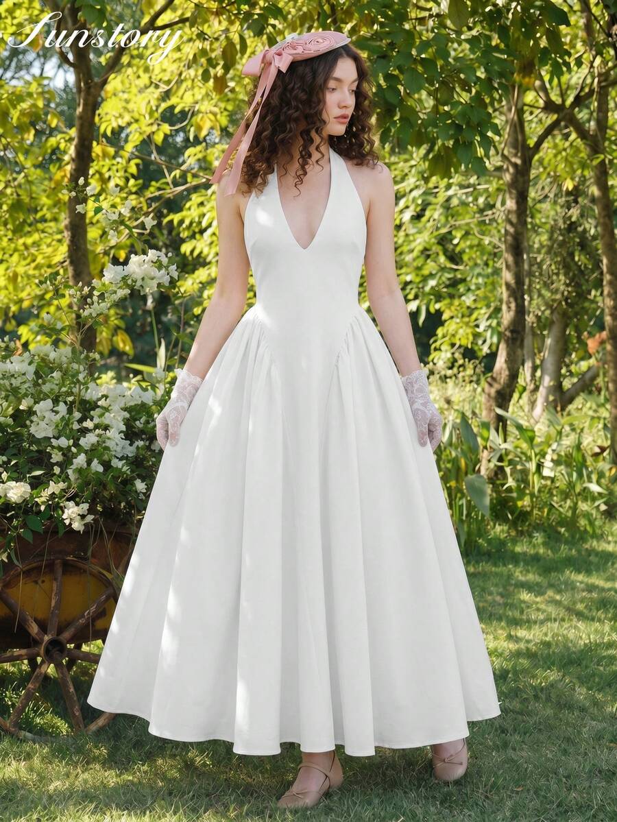 Đầm maxi nữ SUNSTORY mùa hè màu trơn, kiểu dáng thanh lịch, gợi cảm, thắt nút, hở lưng, xếp ly, cổ chữ V sâu, thích hợp cho kỳ nghỉ, hẹn hò, đi biển, tiệc trà chiều, tiệc sang trọng, dã ngoại, lễ tốt nghiệp, các buổi họp mặt. - trắng - Xem 1