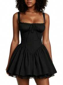 Women's Flower Embroidery Boho Mini Dress Backless Self-Tie Bowknot Square Neck Wide Straps Ruffle Mini Dresses Sleeveless Summer Vacation Short A-Line Dress - F1309-black - View 2