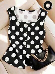 Blusa sin mangas elegante y casual con botones de perla con estampado de lunares, apropiada para uso diario, citas y cenas, primavera/verano - Negro - Ver 3