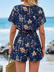 Camisa de mujer con hombros caídos, cintura ceñida y dobladillo, y shorts de mujer decorados con bolsillo, estampado floral, conjunto elegante casual de vacaciones - Azul marino - Ver 2