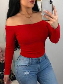 Blusa de manga larga ajustada con hombros descubiertos y acanalada, casual de primavera/verano  en color negro - Rojo - Ver 6