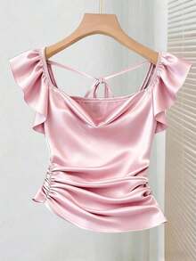 Camiseta de mujer con escote pronunciado, elástica, de satén plisada, ajustada, sexy, con espalda descubierta y manga corta asimétrica, para primavera/verano - Rosa - Ver 8