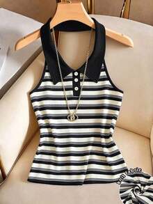Top sin espalda con cuello de halter a rayas, estilo francés, para mujer.Verano, adelgazante y rejuvenecedor - Multicolor 2 - Ver 3