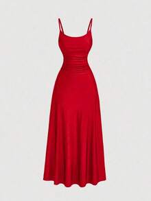 Vestido deslizante acampanado con plisado en la cintura - Rojo - Ver 1