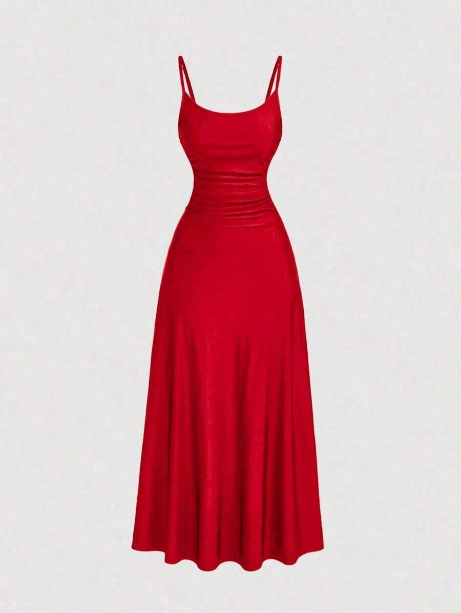 Vestido deslizante acampanado con plisado en la cintura - Rojo - Ver 1
