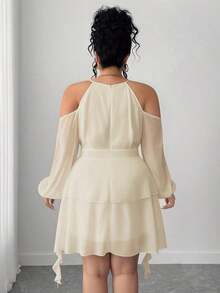 Vestido de mujer de unicolor con hombros descubiertos, cuello con abertura y mangas farol - Albaricoque - Ver 2