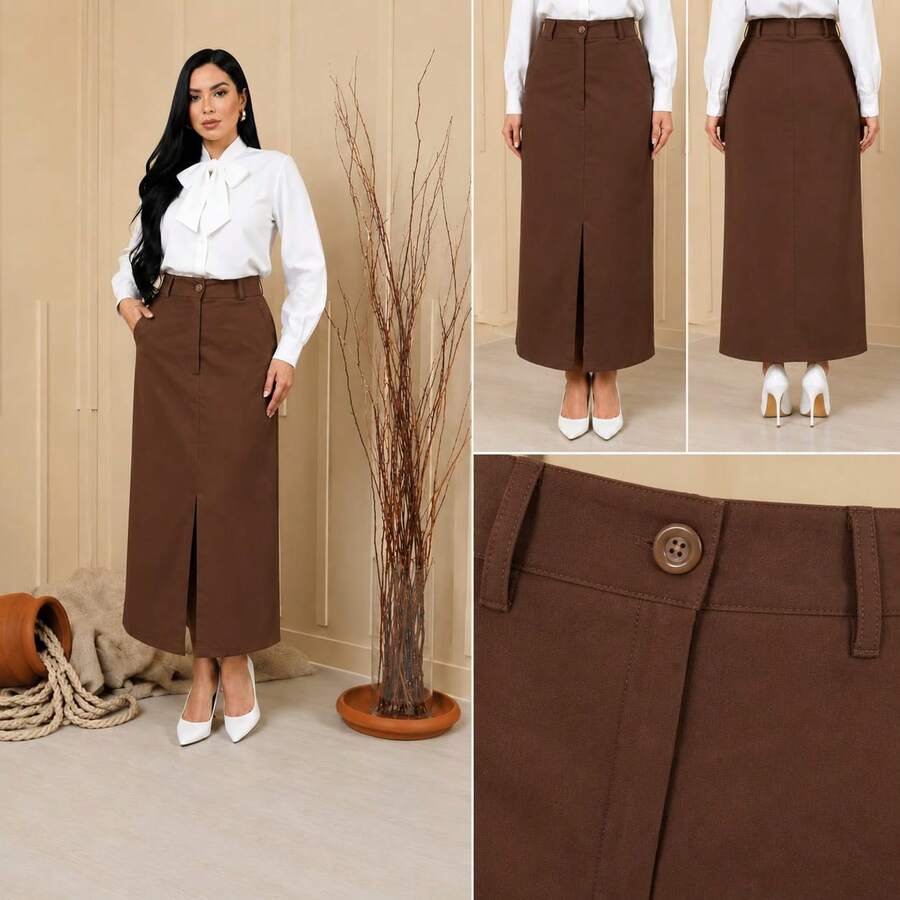 ELEGANT TAILORED LONG SKIRT - Chocolate Brown - View 1
