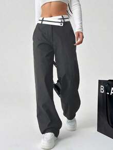 Pantalones rectos casuales para mujeres con bolsillos y cintura asimétrica en bloque de color - Gris - Ver 6