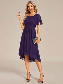Vestido de dama de honor de gasa con pliegues y mangas con volantes, vestido de noche elegante para invitados de boda en primavera - Morado - Ver 6