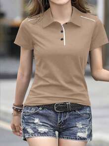 Camiseta sencilla de manga corta con estampado de color contrastante para mujer - Caqui - Ver 5