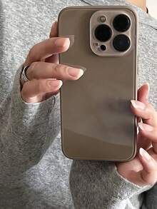 Summer Solid Color Macaron Glass Naked Machine Texture Straight Edge With Lens Film 16 ProMax Phone Case, Fingerprint-Proof Minimalist 13/14 Pro/15 Pro Max/11/12 Phone Protective Cover - Brown - View 3